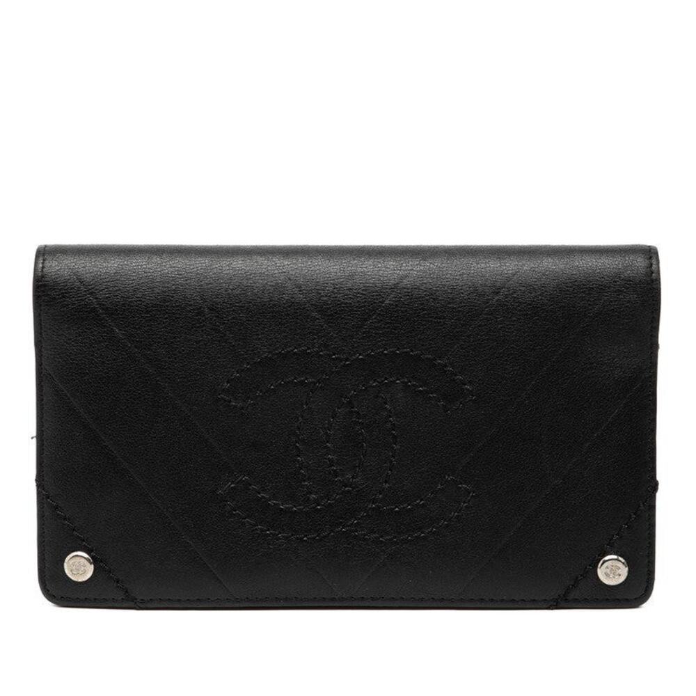 Chanel Lambskin V Stitch CC Logo Bifold Long Wallet Black